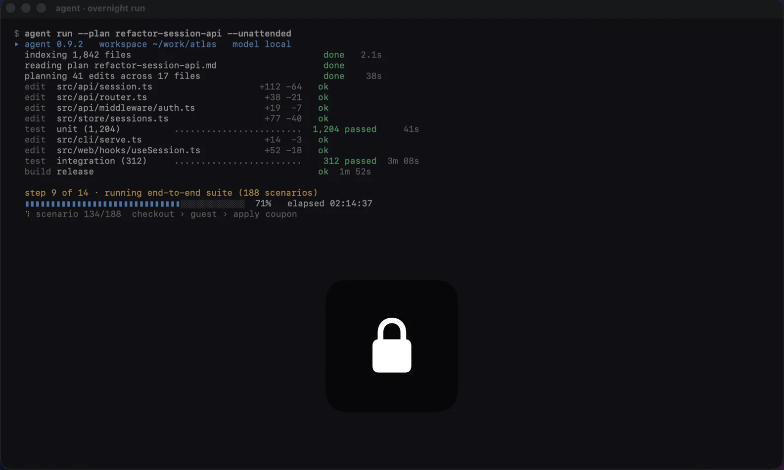 A terminal running an overnight agent job. The screen is dimmed and the ScreenLock badge sits in the middle.