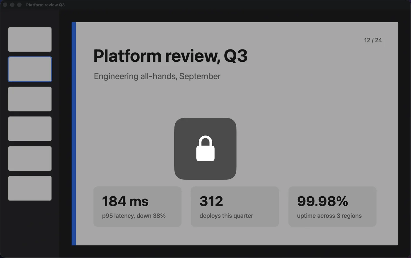 A slide deck on screen, dimmed, with the lock badge over it